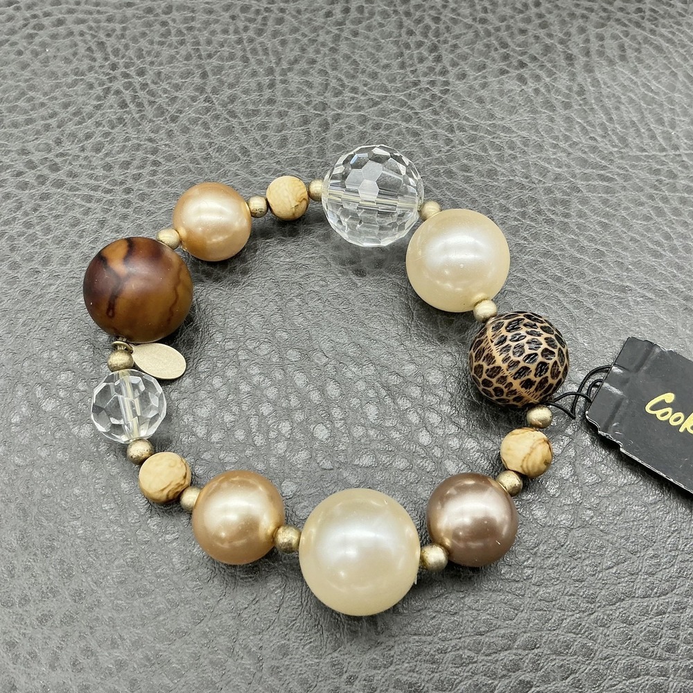 Cookie Lee Bracelet White Beaded Stretch Womens 7 In Wood Plastic Chunky Fashion